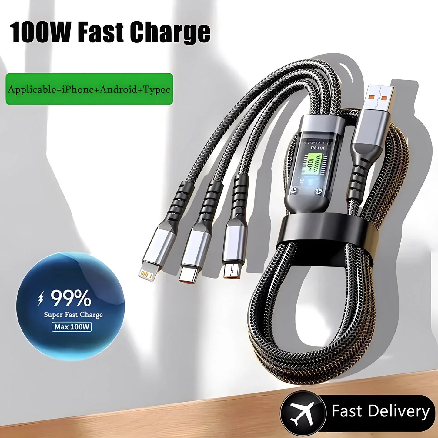 Câble de charge rapide 100W, câble multi-chargeur en Nylon tressé, USB Multiple universel 3 en 1, adaptateur de cordon de charge avec Micro type-c