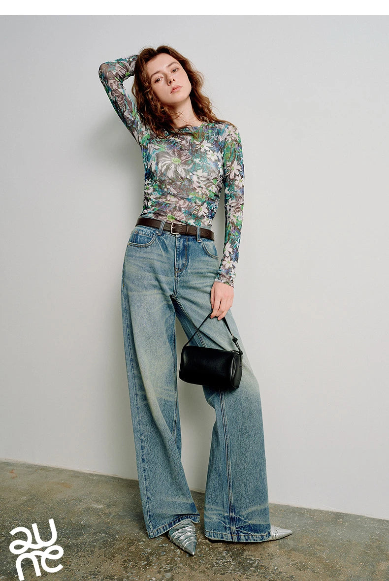 T-shirt femme en maille imprimé 2026 — printemps, taille découpée, Y2K, hauts courts