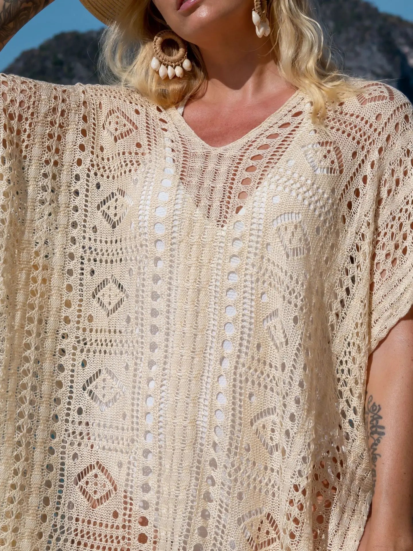 Robe tunique longue crochet blanc tricoté — plage, paréo, bikini, cache-maillot, 2025