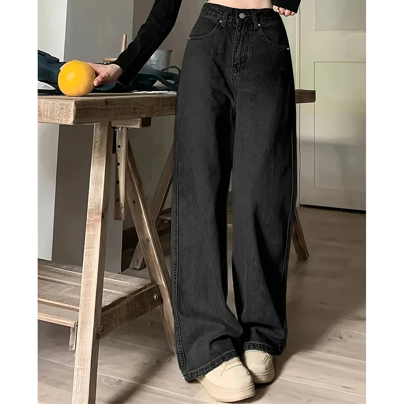 Women's high-waisted jeans, streetwear, designer, wide leg, classic grey, gothic, straight pants, fashion