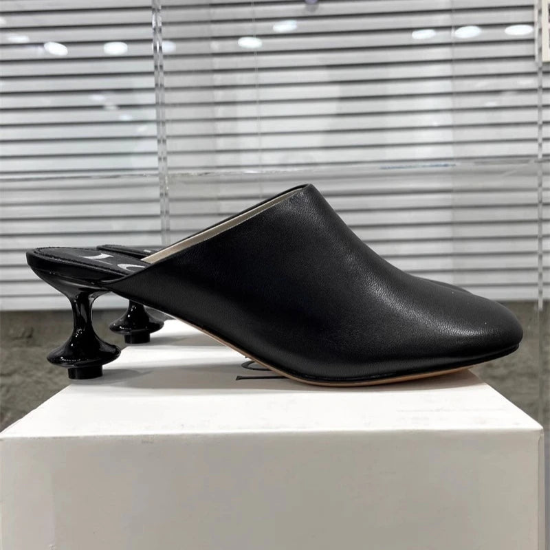 Women's Square Toe Elegant Slippers Fashion Mid Heels Leather Sandals Mule Trendy Shoes Spring Designer Dress Female Shoes