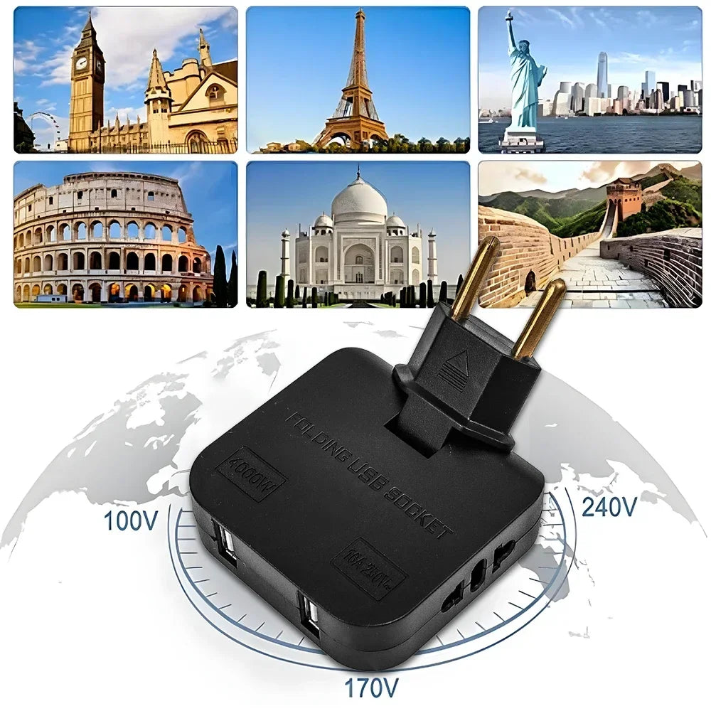 Convertisseur de prise UE 4 en 1 180 °   Prise rotative pour chargement de téléphone portable, 2 USB et 2 prises murales universelles AC, adaptateur secteur
