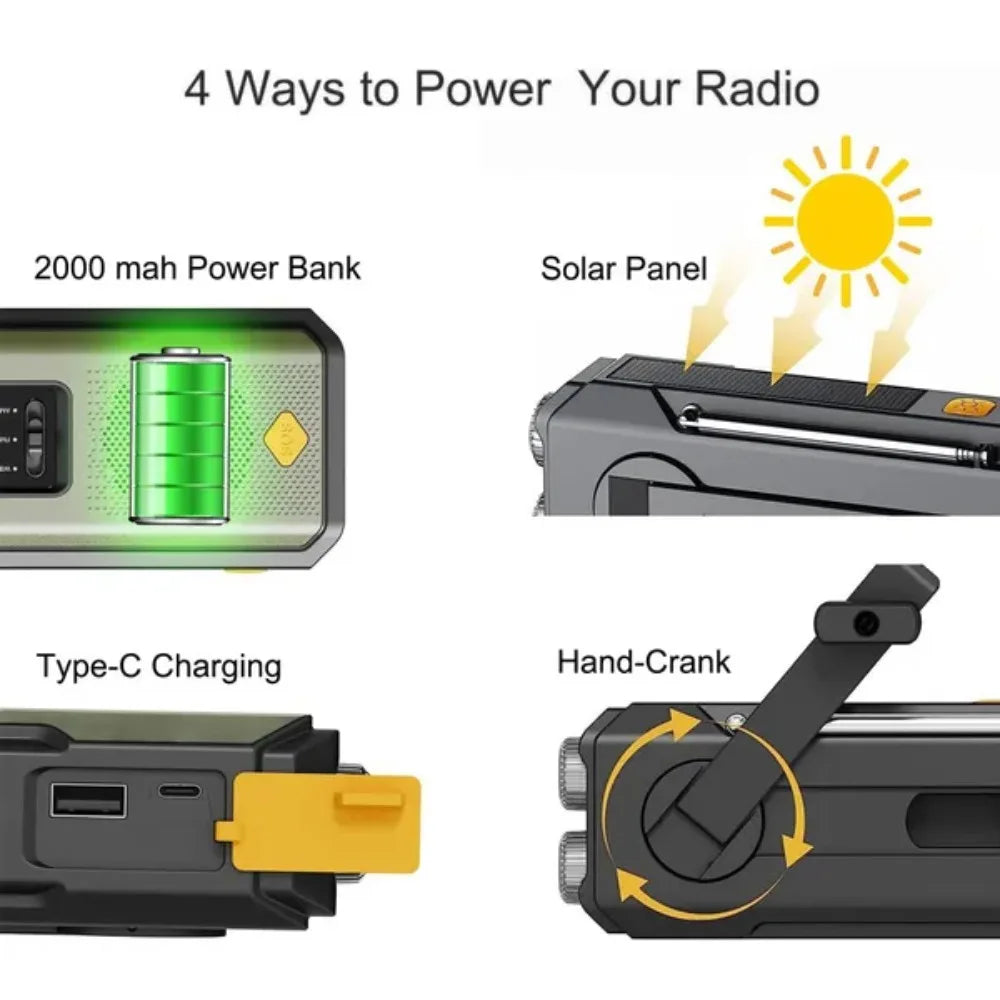 Radio météo d'urgence multifonctionnelle, FM AM WB, manivelle, charge USB solaire, batterie externe 2000mAh, lampe torche LED