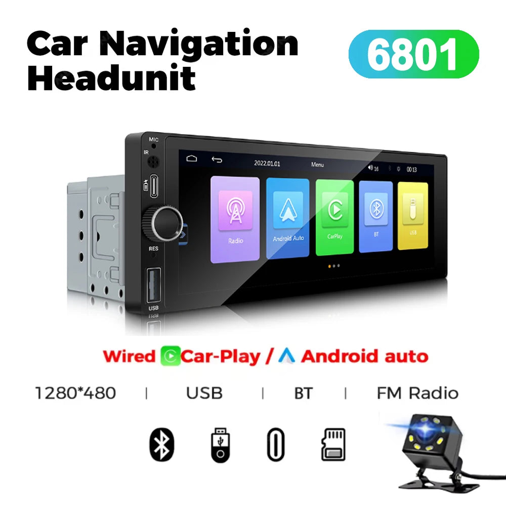 Autorradio universal MP5 de 1DIN y 6.86 pulgadas, compatible con Carplay inalámbrico, Android AUTO, AUX, USB, BT, pantalla táctil y reproductor de video multimedia.