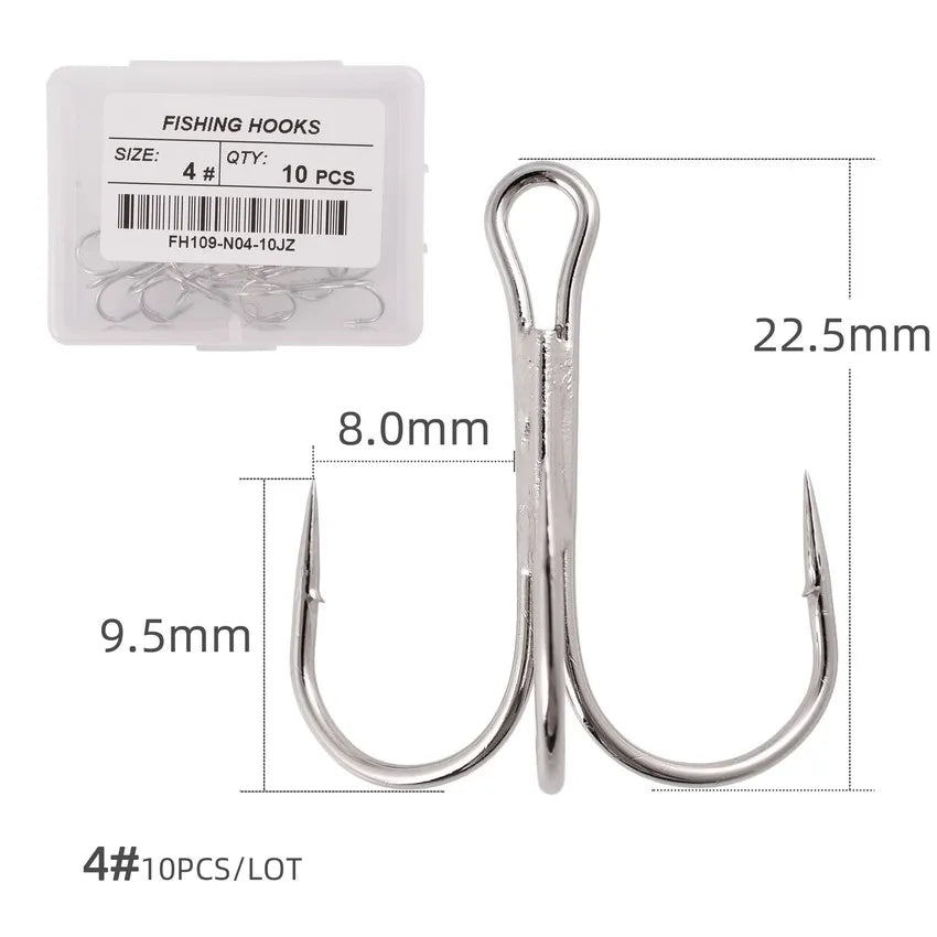 Hameçons triples de pêche aiguisés blancs, matériel de pêche au poisson, outils et accessoires, 10 pièces/boîte