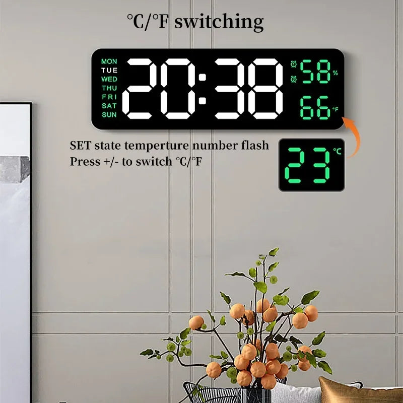 Grande horloge murale numérique de 9 pouces, alimentée par USB, température et humidité, variateur automatique, horloge de Table DST, réveil électronique LED 12/24H
