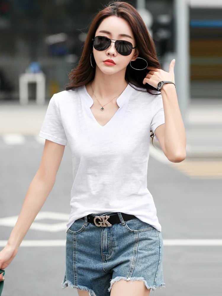T-shirt en coton et bambou pour femme, col en V, doux, basique, classique, mode, tailles S-3XL, collection été 2026