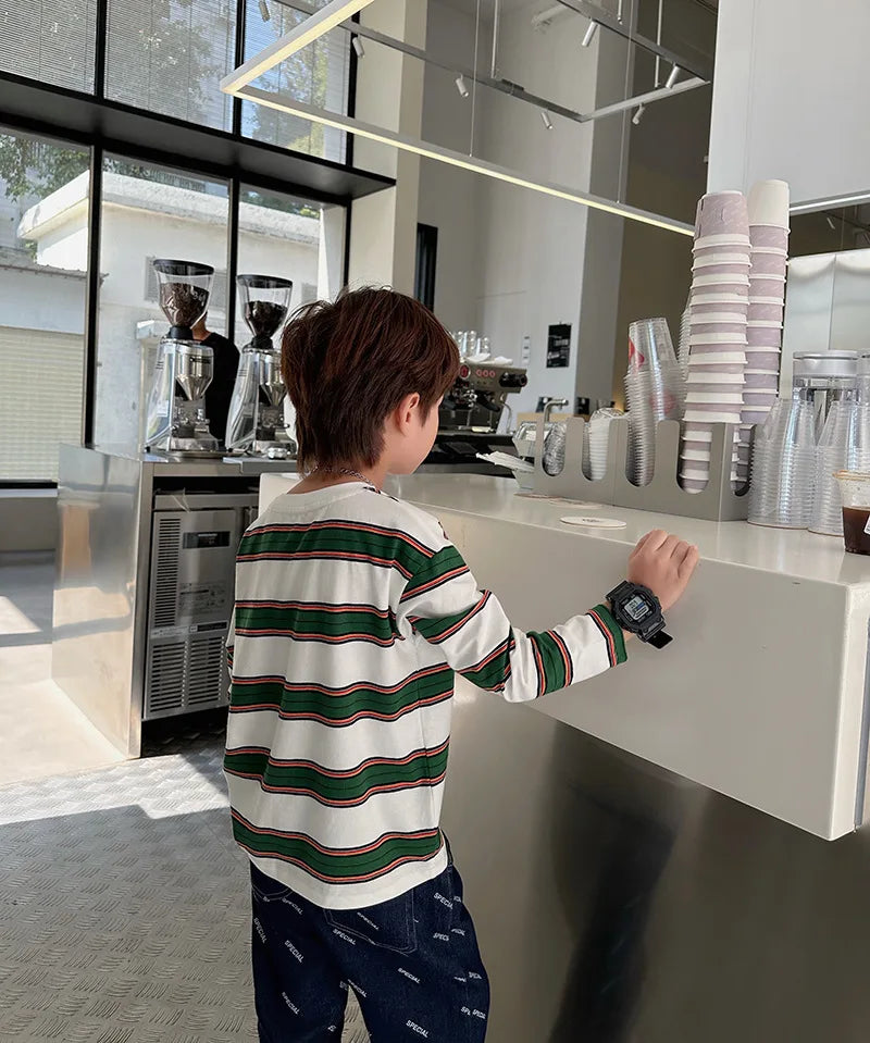 2025 otoño ropa de niños niñas manga larga camisetas básicas niños Cool raya algodón camiseta adolescente suelta casual 2-7 años top infantil