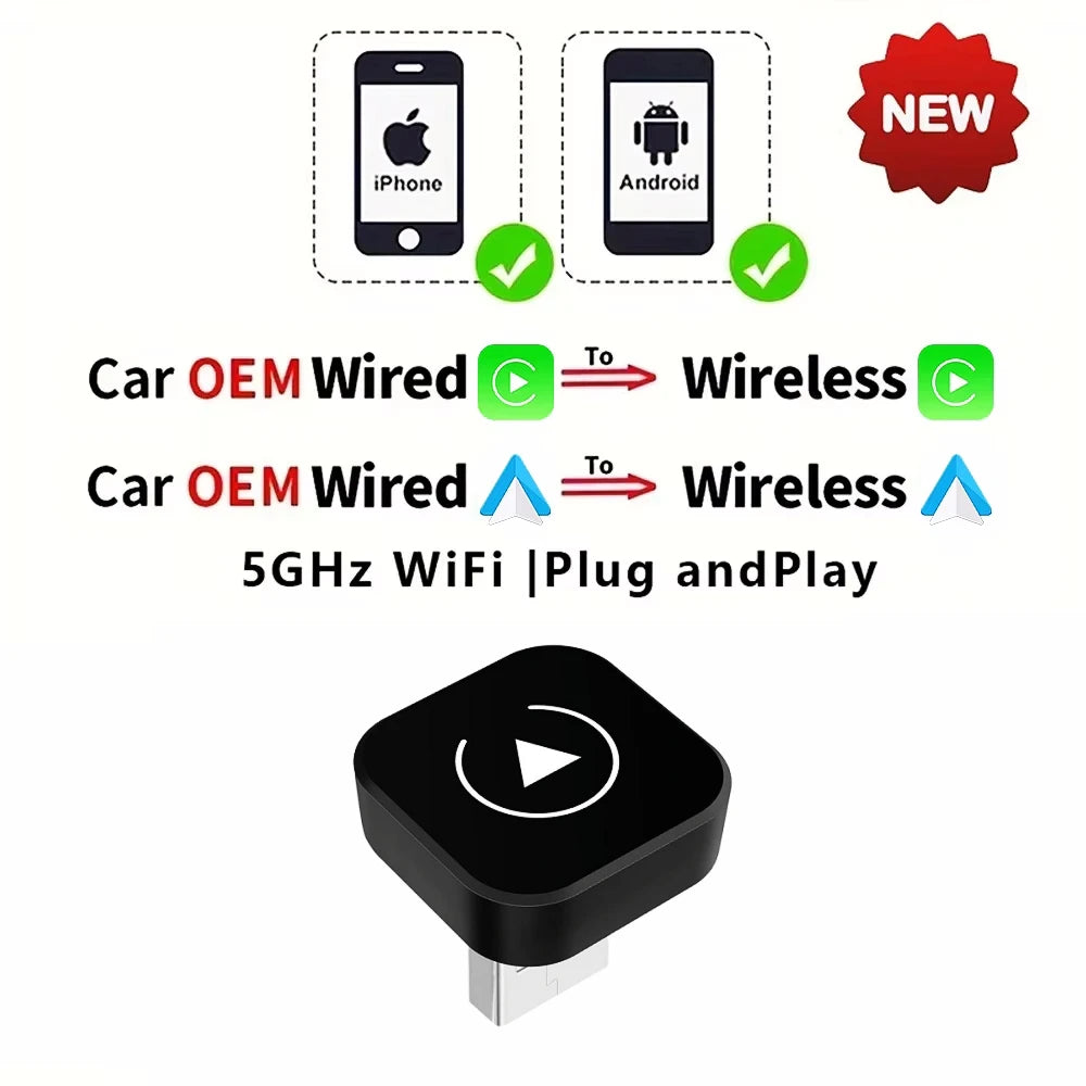 Dongle Sans Fil 2 en 1 Voiture — Adaptateur Automatique Boîte IA Filaire Vers Sans Fil
