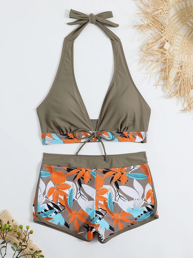 Ensemble de bikini halter 2026, maillot de bain court pour femme, maillot de bain taille haute imprimé, tenue de plage