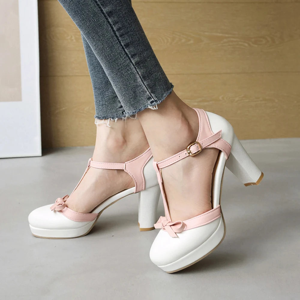 Zapatos de tacón alto con punta redonda para mujer, tacones de plataforma con lazo, zapatos de fiesta de boda, talla grande