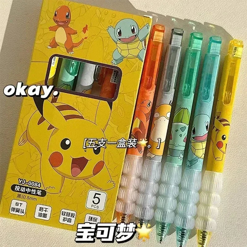 Plumas de Gel de presión de Pokemon Pikachu Squirtle Charmander, 5 piezas, juego de bolígrafos de Gel de dibujos animados, útiles escolares y de oficina, regalos para niños