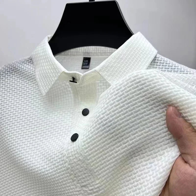 Nueva camiseta tipo polo de moda para hombre de negocios informal de manga corta con estampado de huesos y color liso, transpirable, cómoda y versátil para verano