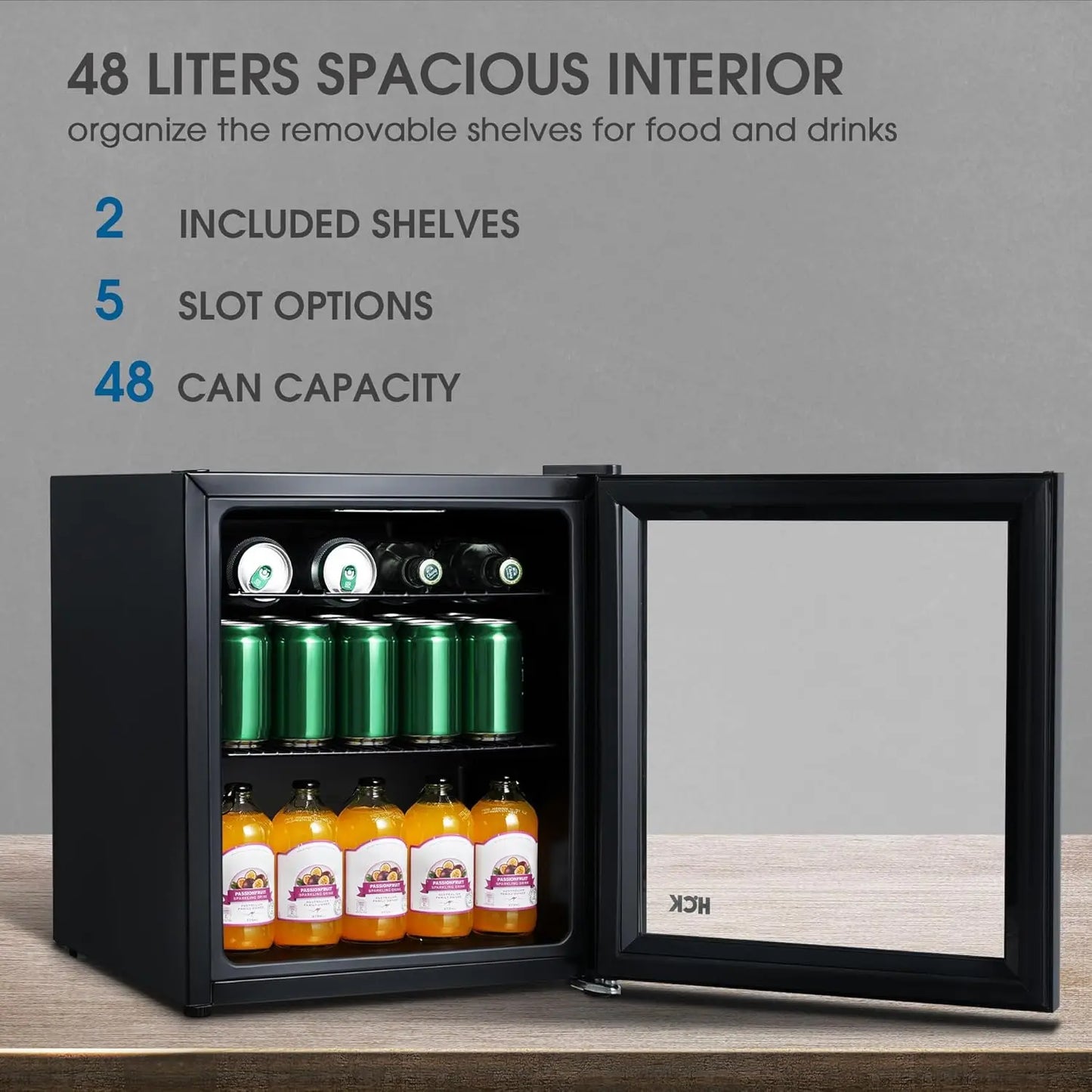 Mini frigo silencieux 48L — 0-15°C, porte vitrée transparente, mini bar, cuisine, noir