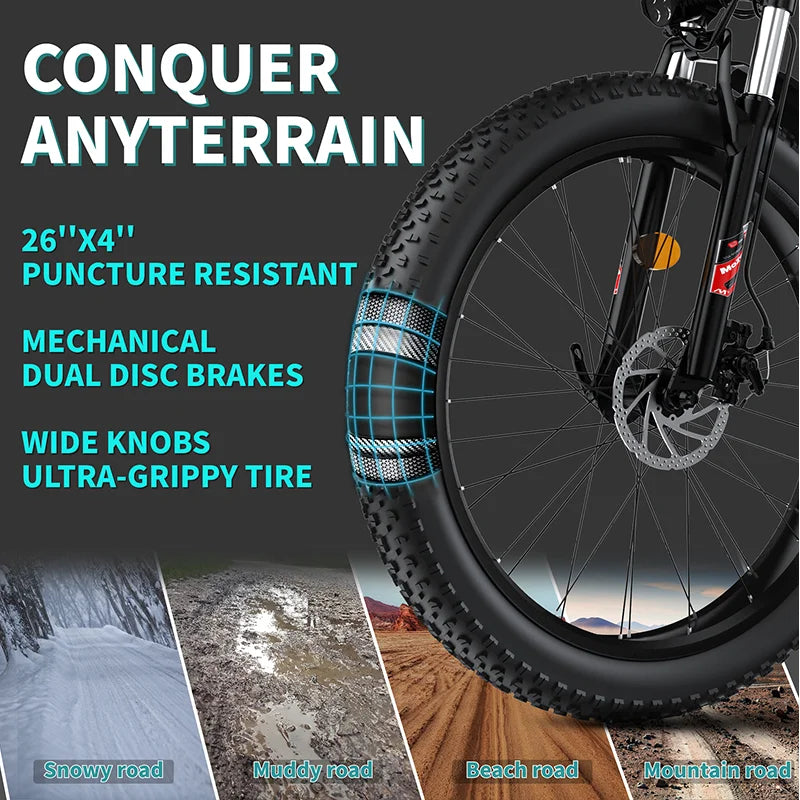QNQ Q26 Electric Bicycle 1500W Motor 48V15AH Lithium Battery 26 Inch Fat Tire Snow E-bike