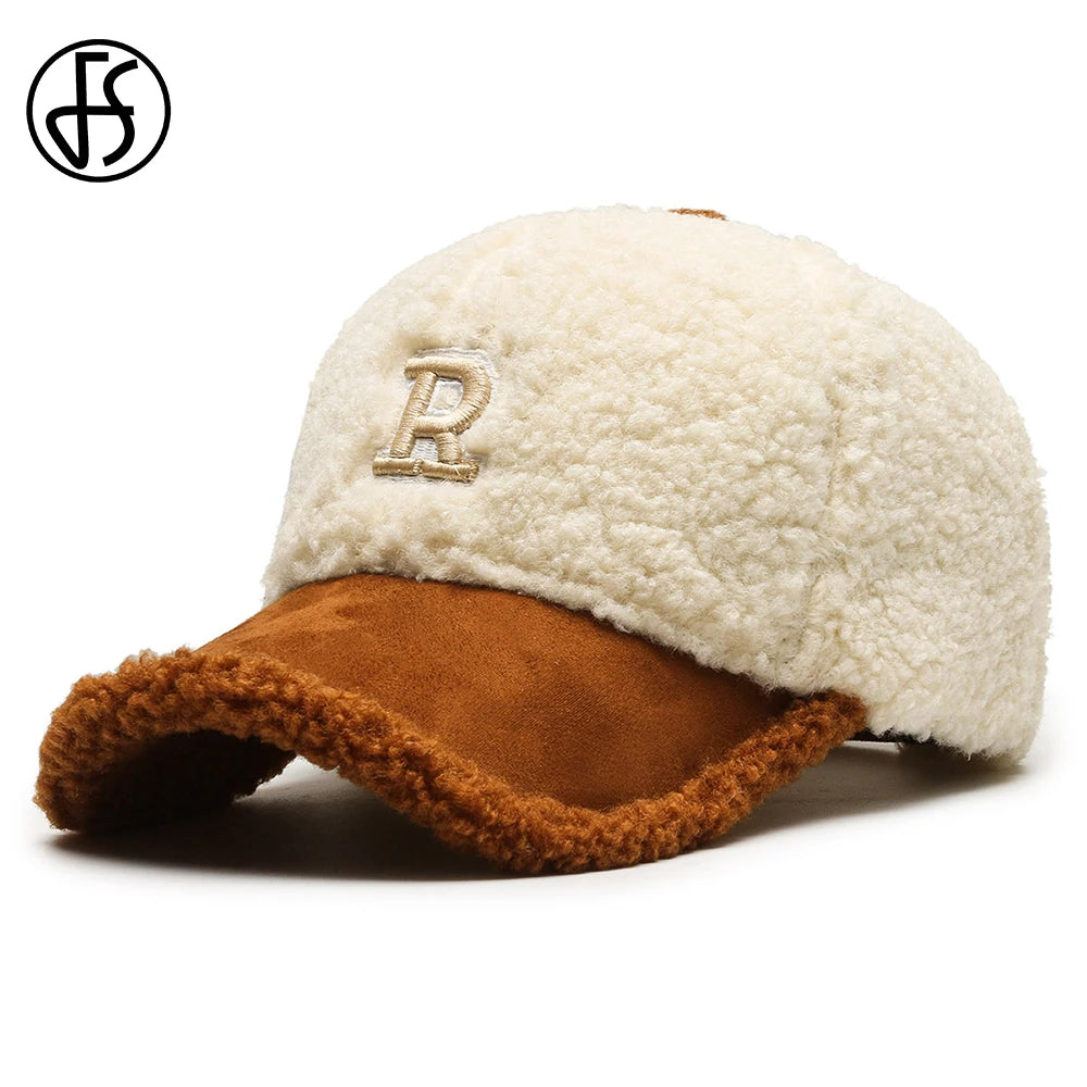 Trendy White and Brown Winter Baseball Caps for Men, Lambswool Luxury Hats for Women, Outdoor Windproof Golf Hat, Men's Cap
