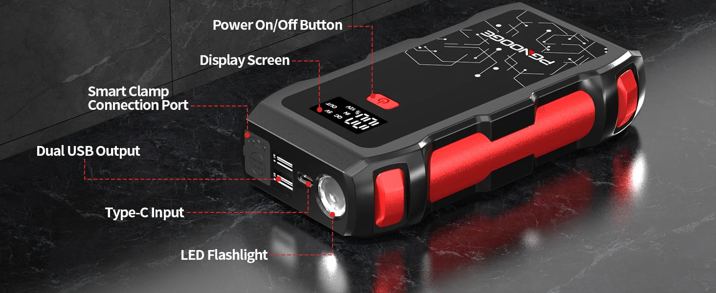 PGNOOGE 26800mAh 6000A de Crête Démarreur de Batterie, Booster de Batterie pour Tous les Moteurs Essence et 10L Diesel, 12V Batterie Voiture avec Lampe Torche, Affichage LED, Charge Rapide USB