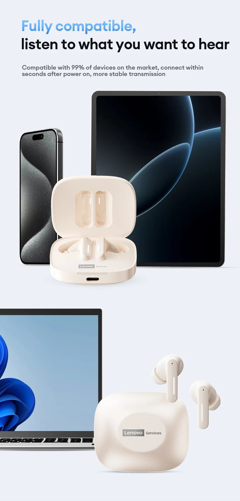 Nuevos auriculares inalámbricos Bluetooth Lenovo LE209 con cancelación de ruido ANC, música HiFi, auriculares Bluetooth con 30 horas de duración de la batería, auriculares para juegos