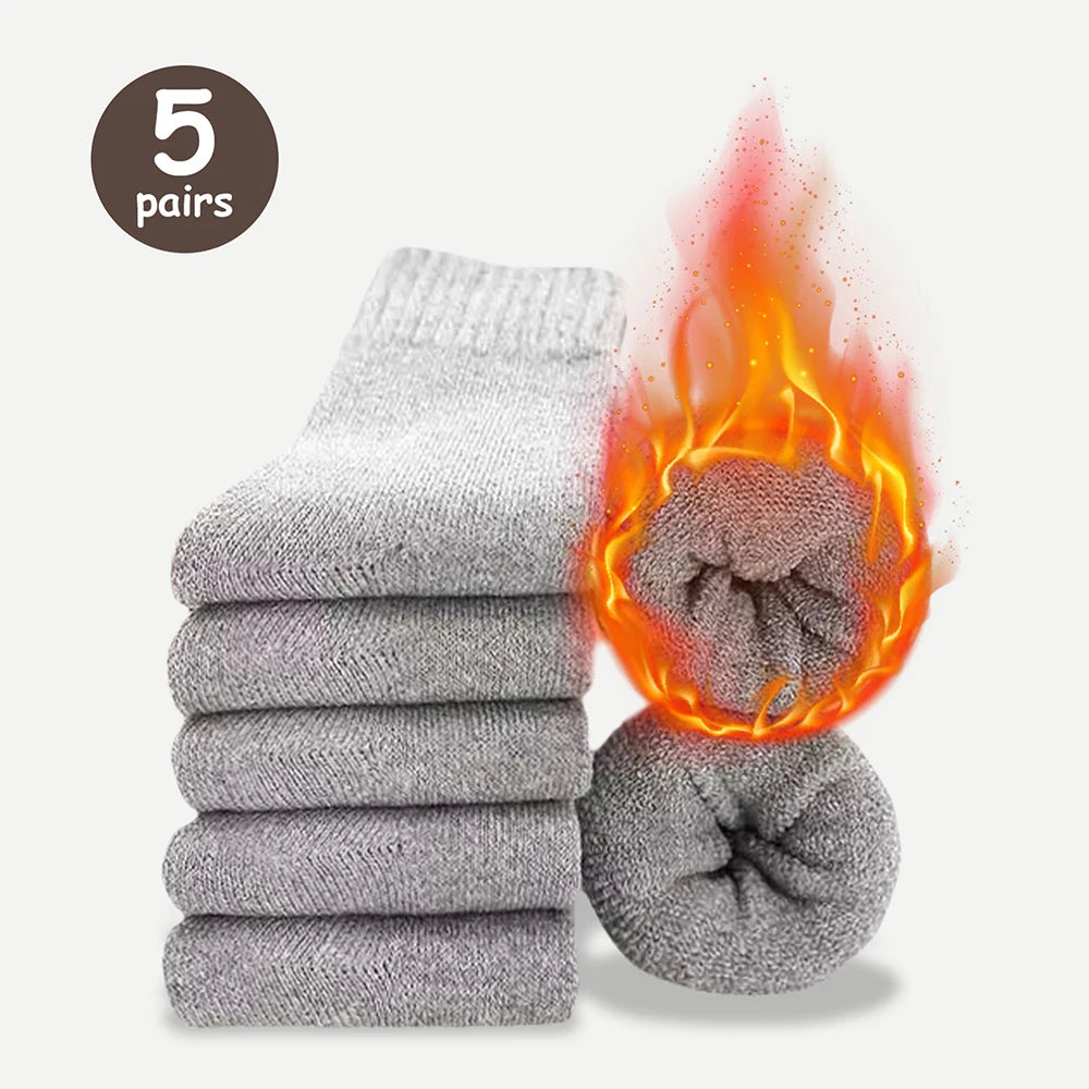 3/5 paires de chaussettes chaudes pour hommes, chaussettes épaisses en tissu éponge mi-mollet, chaussettes anti-froid pour bottes de neige, élastiques, couleur unie