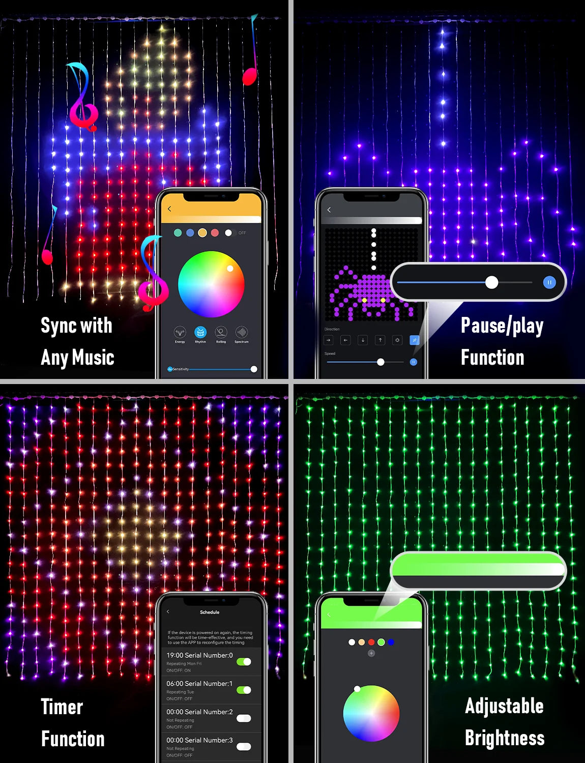 Cortina de luces LED inteligente, guirnalda de Año Nuevo, guirnalda de luces de hadas RGB, pantalla de cambio de música, para ventana, decoración navideña