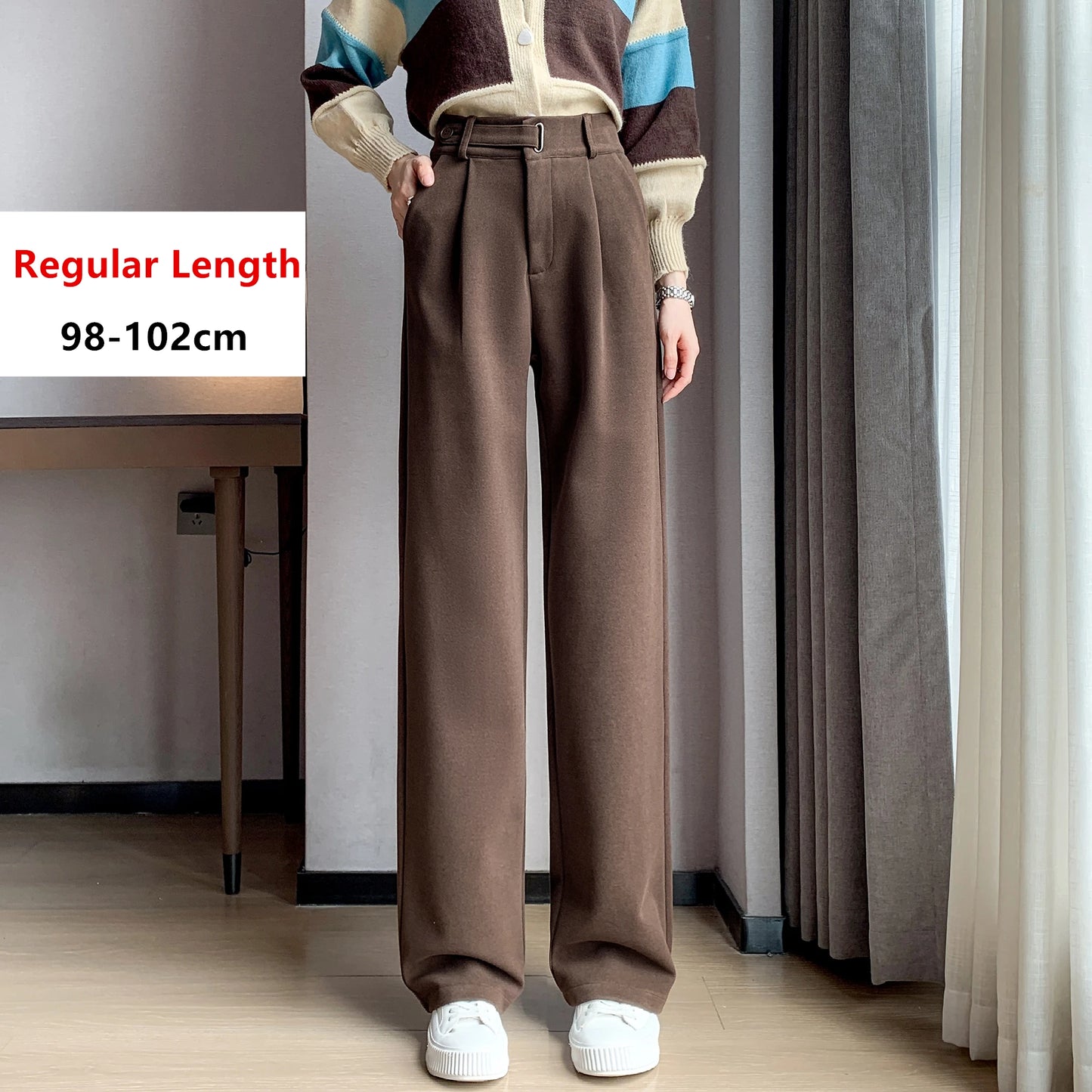 Pantalon en laine épais à jambe large pour femmes — décontracté, taille haute, bouton, chic, automne-hiver 2025