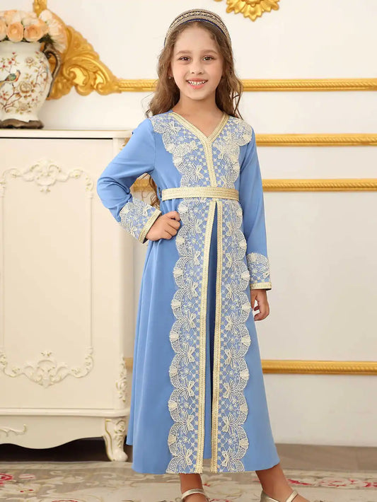 Moroccan Middle Eastern Ethnic Lace Dress for Muslim Girls from Dubai, Islamic Wedding Ramadan Festival Costume