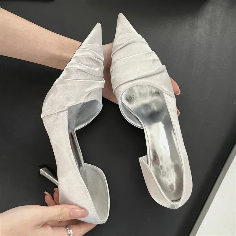Aneikeh Elegant Pleated Satin Women's Slippers Pumps Fashion Pointed Toe Thin High Heels Mules Dance Banquet Shoes Chaussure Femme