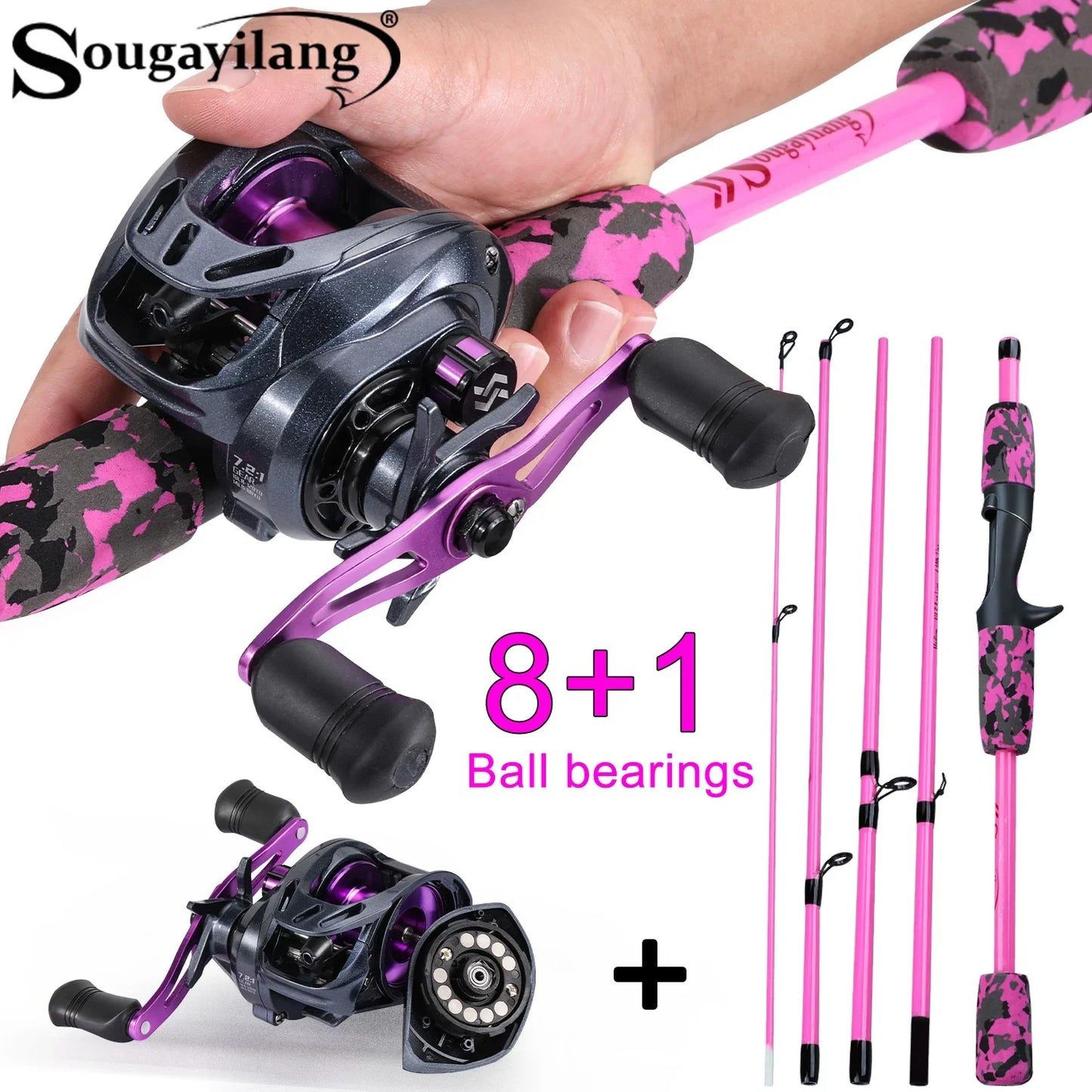 Sougayilang leurre pêche Combo 5 Sections 170CM canne à pêche en Fiber de carbone et 8 + 1BB Baitcasting moulinet voyage ensemble de pêche Pesca