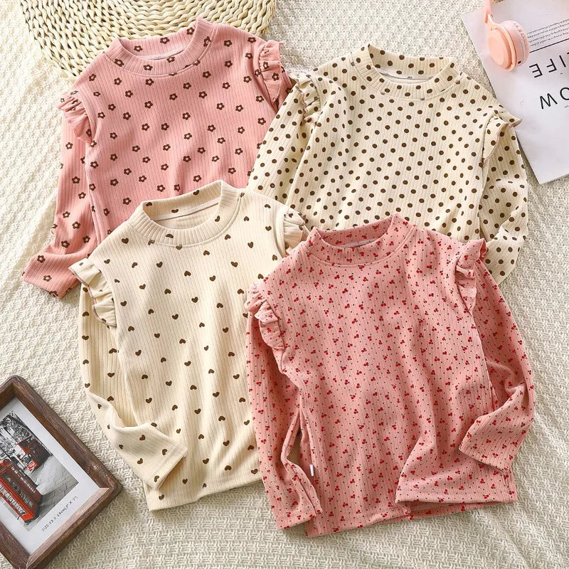 Kids Long Sleeve Undershirt, Cute Floral Polka Dot T-shirt, Soft Y-Shirt for Kids, Boys and Girls, 2-10T