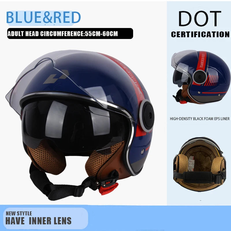 DOT - Vintage Open Face Motorcycle Helmet, Retro 3/4, Cruise, for Men and Women