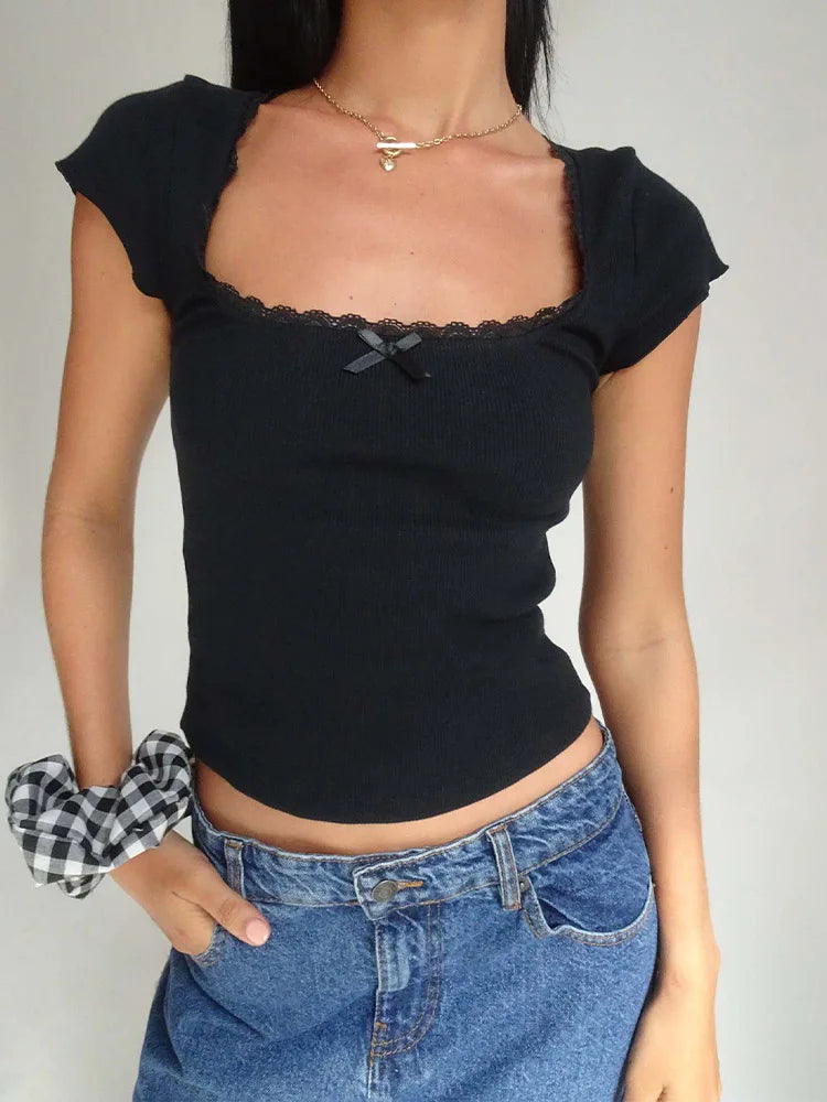 Camiseta vintage Y2k para bebé, camiseta de punto con ribete de encaje, cuello cuadrado, manga corta, para verano, color blanco, estilo milkmaid