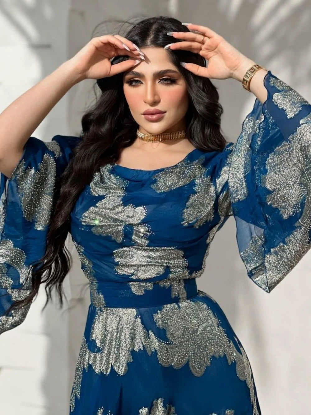 Abaya dorure bleu robe de soirée Takchita Festival fête Date une ligne perlée décontracté en mousseline de soie personnalisé délicat bal O cou robe
