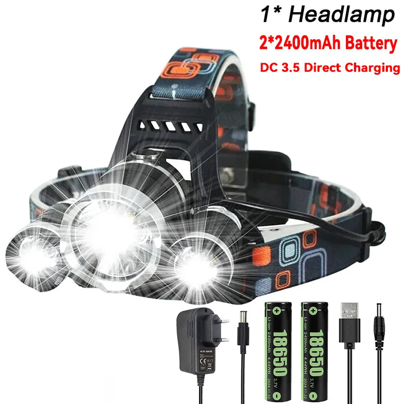 Lampe frontale rechargeable USB 2*18650, puissante lampe torche LED, lanterne étanche, lampe frontale portable pour la pêche et le camping