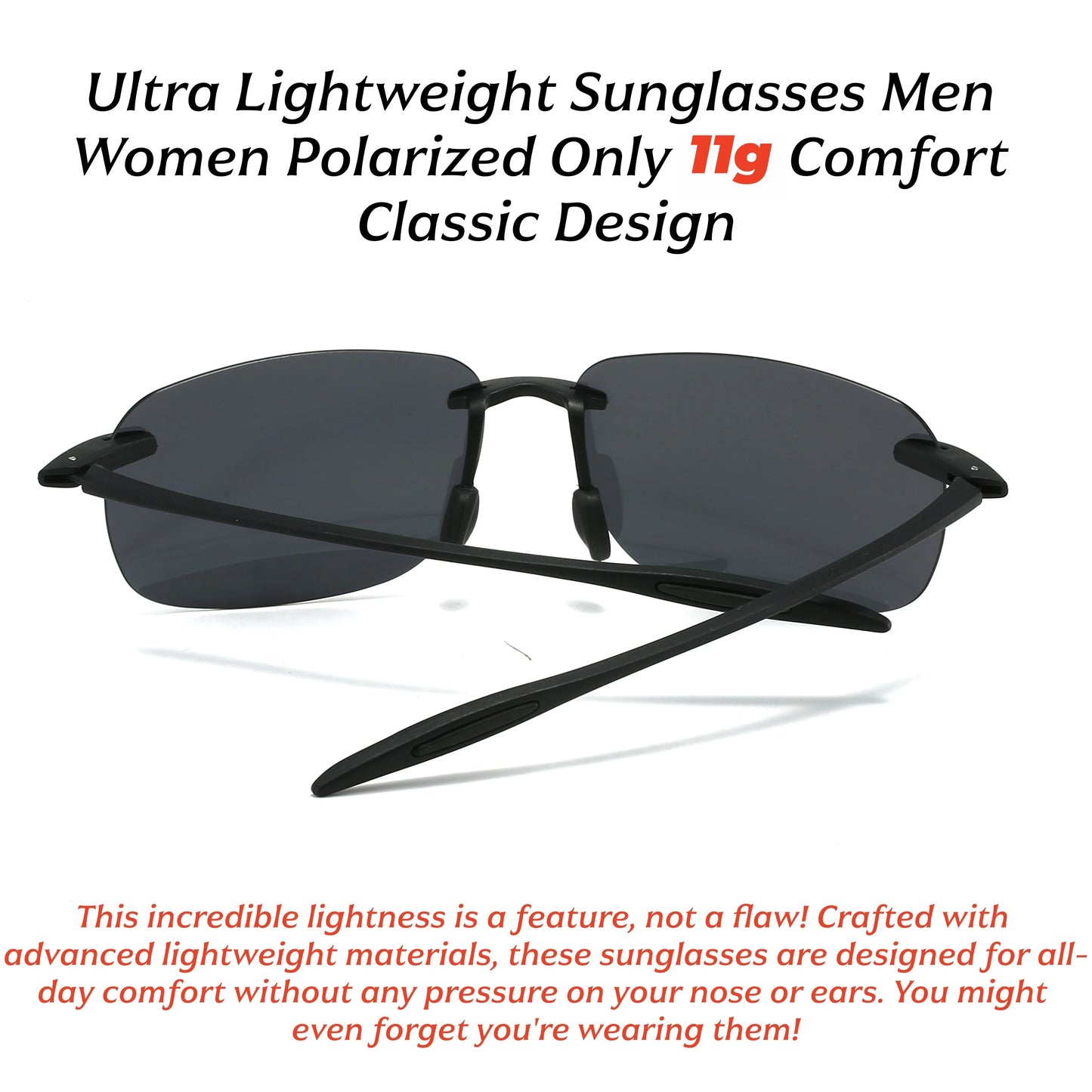 Lunettes de soleil polarisées sans cadre TR90 ultra légères 11 g – Coupe flexible et confortable, forme carrée pour la conduite, la pêche et l'extérieur