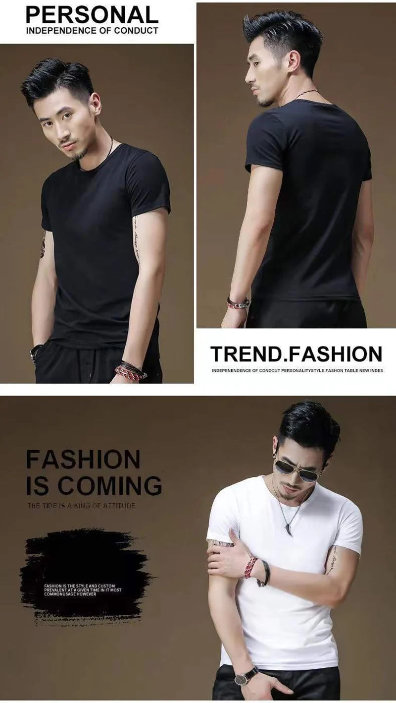 2026 hommes T-Shirt couleur Pure col en V à manches courtes hauts T-Shirts hommes T-Shirt collants noirs homme T-Shirts Fitness pour vêtements masculins