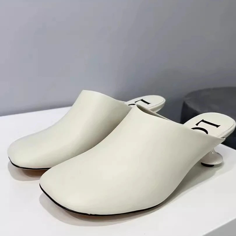 Women's Square Toe Elegant Slippers Fashion Mid Heels Leather Sandals Mule Trendy Shoes Spring Designer Dress Female Shoes