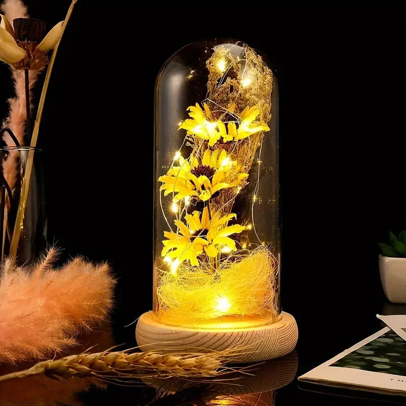 Girasoles artificiales de cristal bretón con tira de LED para mujeres, regalos de girasol, decoración de girasol, Día de la Madre, Fiesta de León