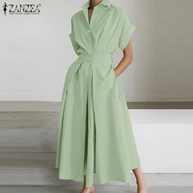 Femmes été OL Robe de travail ZANZEA élégant à manches courtes bureau Robe d'été décontracté solide une ligne boutons vacances robes caftan Robe