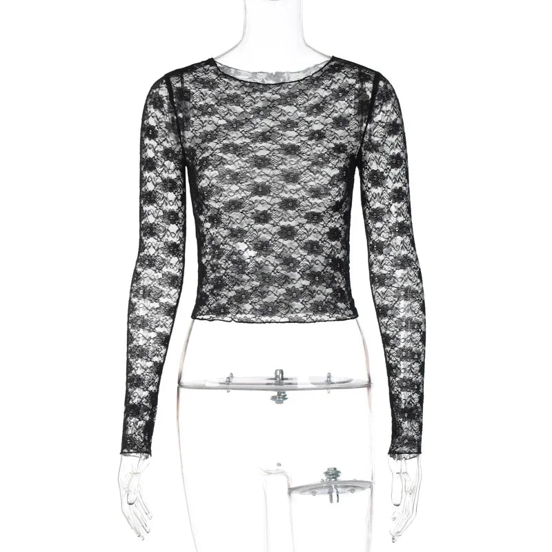 Mooyufon Camiseta de manga larga transparente de encaje corta ajustada y sexy para mujer, para fiesta, discoteca, otoño e invierno