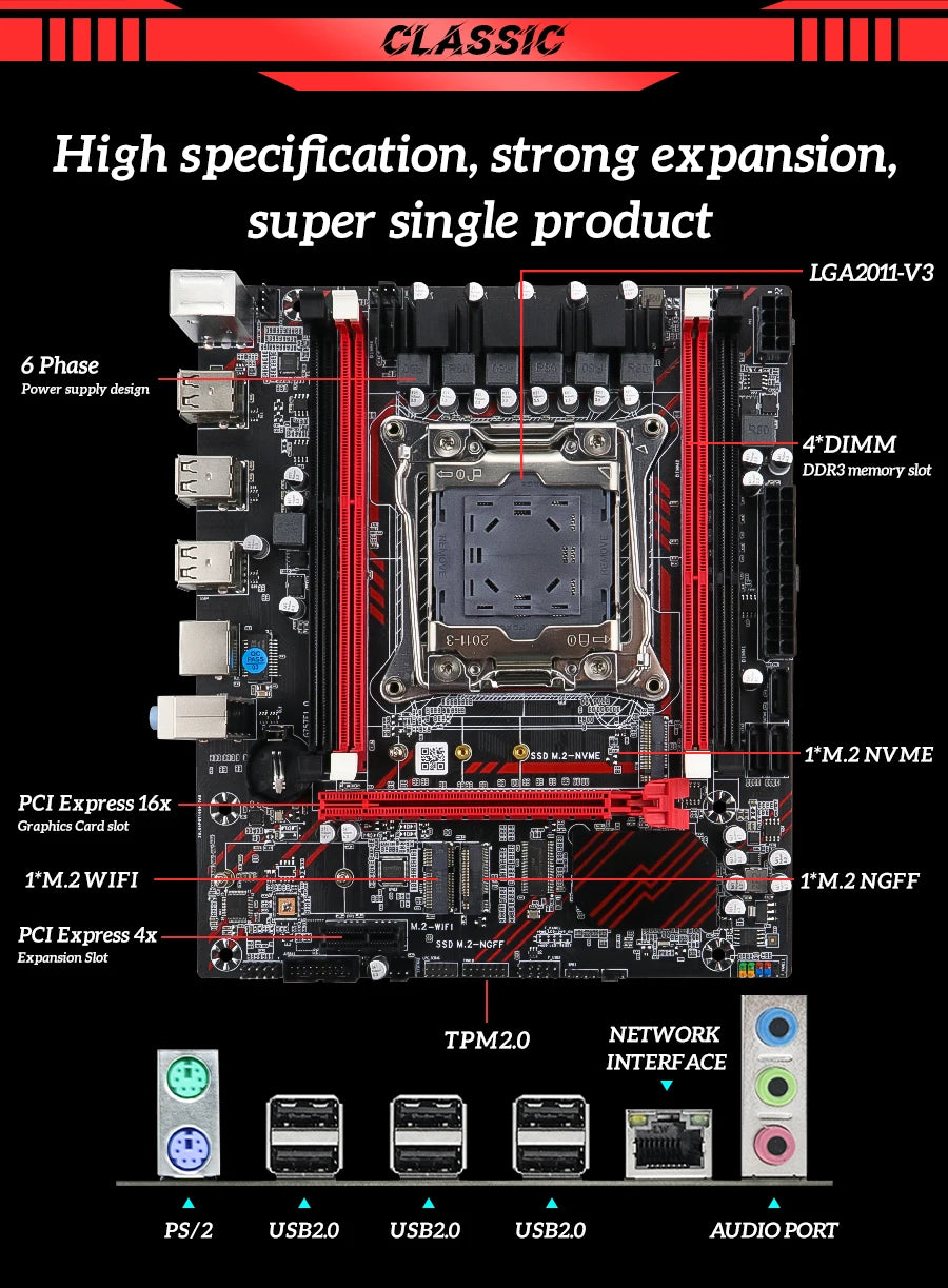 Carte mère SOYO X99 DDR3 LGA2011-3 — Xeon E5-2673 V3, DDR3 128 Go, NVMe M.2, PCIe 3.0, TPM 2.0