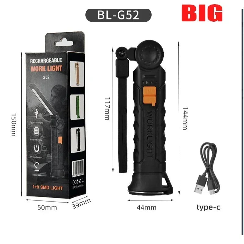 Lampe de Poche LED COB Portable, Rechargeable par USB, Lanterne Magnétique de Travail, avec Batterie spatirée, Torche de Camping