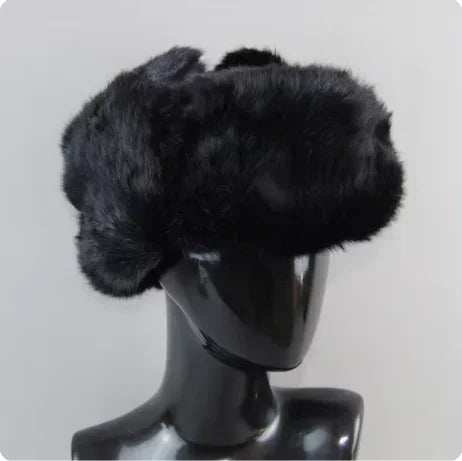 Gorro de piel de conejo para hombre, invierno, 100 % piel auténtica, gorro de aviador cortavientos cálido con orejeras, plano, gris/negro, estilo ruso, ajustado