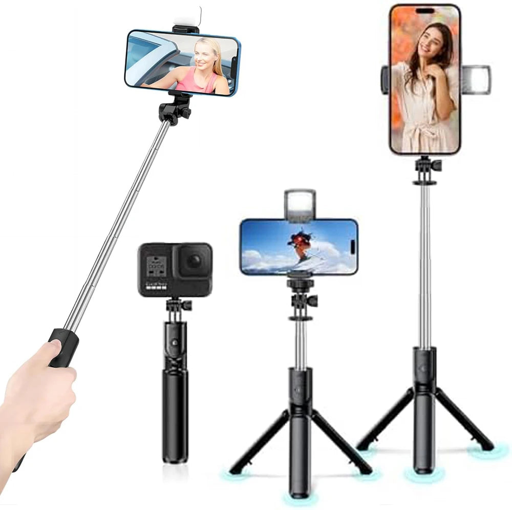 Trípode selfie Bluetooth inalámbrico 3 en 1, con obturador de luz de relleno, control remoto, monopie plegable portátil para iPhone smartphone