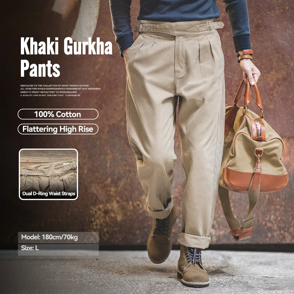 Maden Vintage Khaki Gurkha Pants Adjustable High Waist Casual Cargo Classic Work Trousers Straight Leg Men Spring and Autumn