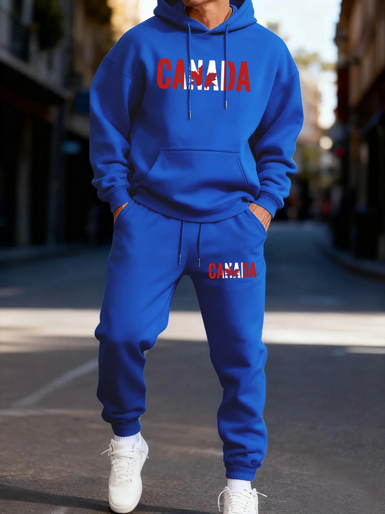 Canada Maple Leaf Print Men's Hoodie Fleece Autumn Two-Piece Sets Casual Winter Pants