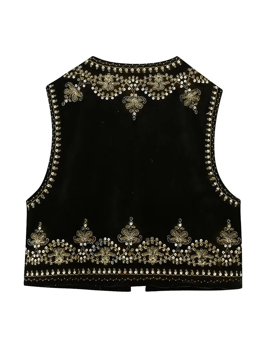 Chaleco bordado negro Vintage con estampado Floral para mujer, sin mangas, frente abierto, corto, versátil, ropa de abrigo y2k, cárdigan Boho corto