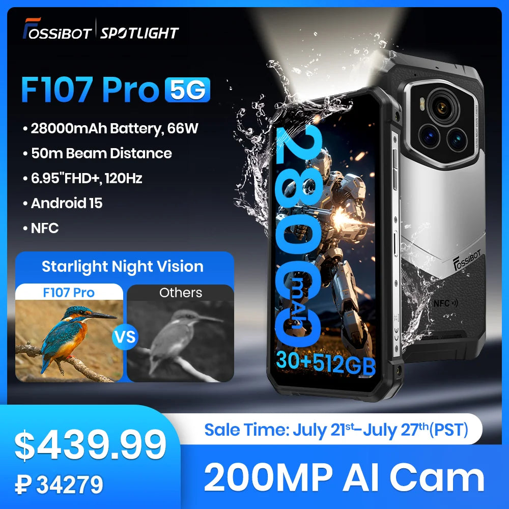 [Estreno mundial] Smartphone resistente FOSSiBOT F107 PRO 5G, hasta 30 GB + 512 GB, 6,95" FHD+ Android 15, 28000 mAh 66 W 2M FF Versión nocturna