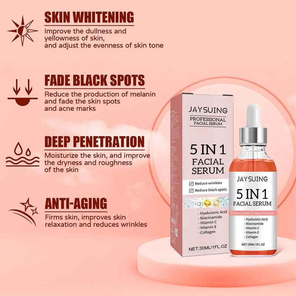 Sérum facial reafirmante 5 en 1, difumina líneas finas, hidratante, aclarante, vitamina C, ácido hialurónico, reduce los poros, cuidado de la piel