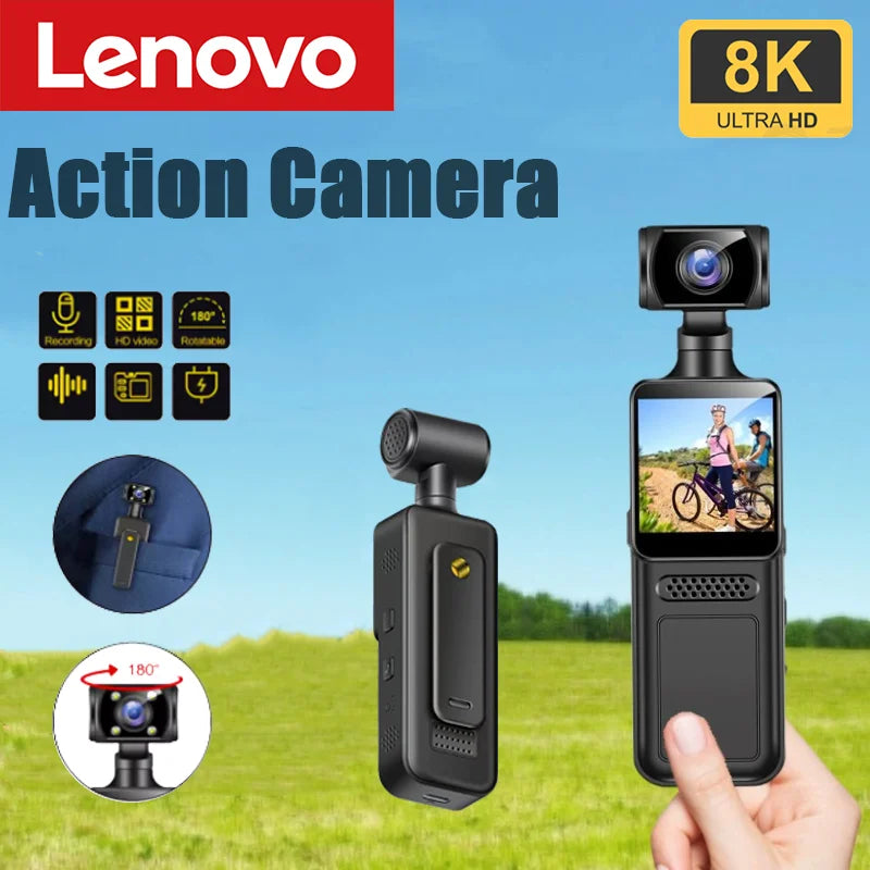 Cámara de bolsillo Lenovo 8K HD 2026New de 180° Mini cámara portátil giratoria, cámara de visión nocturna portátil, cámara deportiva para exteriores