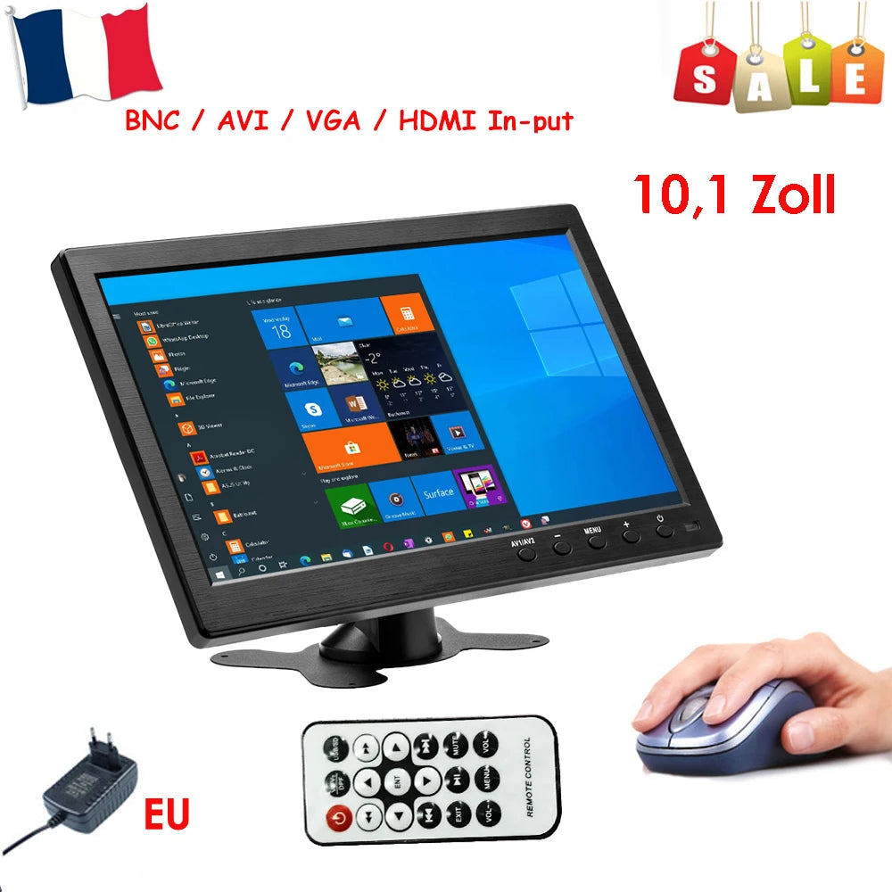 Moniteur de voiture 10,1 pouces LCD HD — HDMI, VGA, AV, USB, SD, TV, lecteur DVD, surveillance